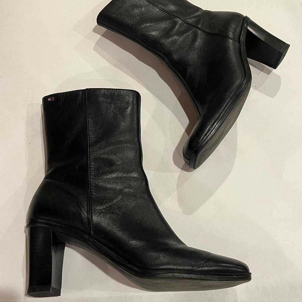 VINTAGE Tommy Hilfiger Black Leather Square Toe Block Heel Ankle Boots 3" heel